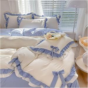 YIZUFU Комплект постельного белья из пике с рюшами и бантом, розовый хлопковый декор в стиле принцессы White Blue