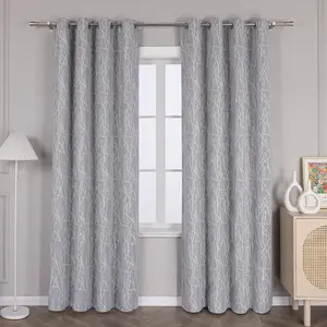 Плотные шторы с люверсами, затемняющие (1 шт.), шторы с люверсами и узором "Белые ветки", серые, В x Ш 145 x 135 см Joyswahl