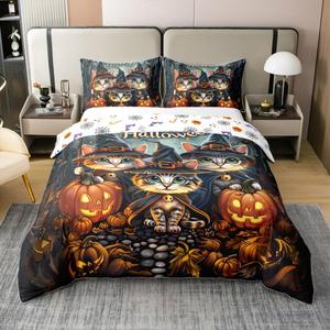 Erosebridal Комплект постельного белья Happy Halloween из 100% хлопка с принтом тыкв, фонарей и готических котов в стиле хоррор, Orange Green