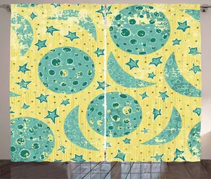 Штора ABAKUHAUS Луна в деревенском стиле, с рисунком фаз Луны в технике Дерт-арт, для спальни, присборенная тесьма с петлями и крючками, 280 x 245 см, цвет: желто-бирюзовый сине-зеленый Abakuhaus