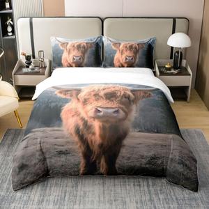 Erosebridal Комплект постельного белья Highland Cow из 100% хлопка с принтом коров и деревьев в деревенском стиле, Multi 17