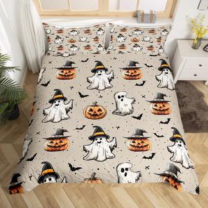 Erosebridal Комплект постельного белья Gothic Ghost для детей с готическим принтом привидений ведьминых шляп тыкв и летучих мышей в темных тонах, White Beige