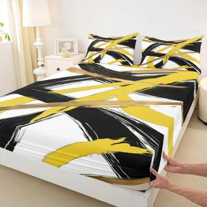 Erosebridal Желто-золотая черная полосатая простыня на резинке Full Size минималистичный абстрактный современный дизайн для детей подростков взрослых эстетичный комплект постельного белья, Yellow Gold Black
