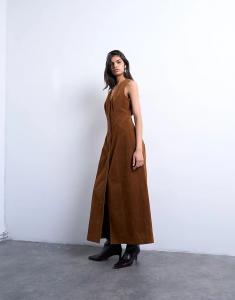 Коричневое платье миди Topshop из искусственной замши с потайными пуговицами