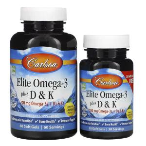 Carlson, Elite Omega-3 с витаминами D и K, натуральный лимонный вкус, 60 (+ 30 бонусных) мягких капсул
