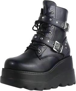 Generic Ботильоны на платформе в готическом стиле для женщин, черные голографические боевые ботинки с массивным каблуком, боковой молнией, шнуровкой и танкеткой