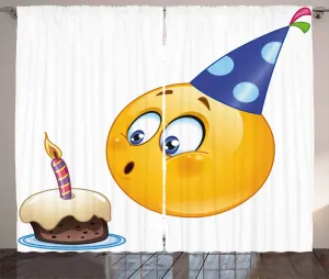 Штора для вечеринки в деревенском стиле ABAKUHAUS "День рождения", с изображением эмодзи и конуса, присборенная штора из тесьмы для спальни с петлями и крючками, 280 x 245 см, темно-синий желтый цвет Abakuhaus