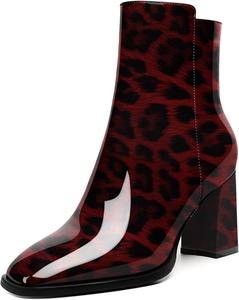 Женские стильные ботильоны AUMOTED с массивным каблуком, закрытым квадратным носком и боковой молнией, короткие ботинки, каблук 3,4 дюйма, Patent Leopard Red