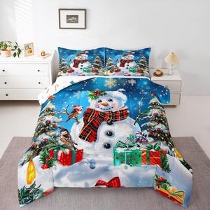 Erosebridal Комплект постельного белья Blue Christmas с новогодним декором снеговиков и снежинок, Navy Blue Red