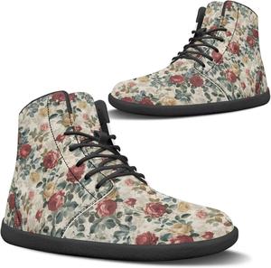 Женские ботинки без каблука зимой с широкой носочной частью, утепленные, для прогулок, уличные, противоскользящие, на щиколотку Pugasmiru, Vintage Red Rose Pattern