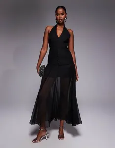 Черное шифоновое платье макси строгого кроя с воротником-бретелькой Forever New