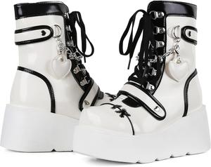 Платформенные ботильоны для женщин Готические рэйв-бутсы с массивным высоким каблуком, шнуровкой, панк-мотоциклетные ботинки с цепочкой Generic, Black