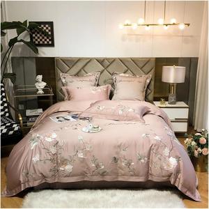 YUSIWOAL Комплект постельного белья из египетского хлопка 100S серо-белый с цветочной вышивкой Bloom White