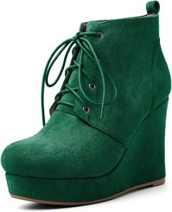 Женские ботильоны AUMOTED с круглым носком, на шнуровке, на платформе и каблуке-клине, 10 см, теплые ботинки для вечеринок и вечеров, Green