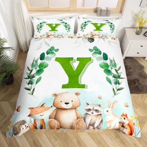 Erosebridal Комплект постельного белья Kids Cartoon для детской с монограммой алфавита, лесные животные енот белка, зеленый ботанический эвкалипт, Green Y