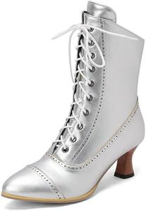 Женские викторианские ботильоны на каблуке-«кистен», с острым носком, для вечеринок, с кружевами и декоративной перфорацией, короткие мотоциклетные ботинки Glglgege, Silver