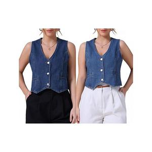 2 упаковки женских джинсовых жилетов без рукавов с v-образным вырезом и застежкой на пуговицы Inspire Chic, Blue Dark Blue