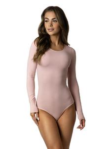 Alkato Женский боди с длинными рукавами и круглым вырезом, непрозрачная ребристая ткань розового цвета