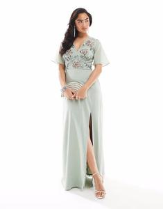 Платье макси с короткими рукавами-ангелочками и цветочным узором Maya зеленого цвета