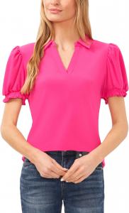 Топ CeCe Short Sleeves Split Neck Collared Top, цвет Bright Rose