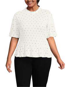 Топ большого размера из шелковистого трикотажа с рукавами-пузырями, сборками и воротником-стойкой, с объемным низом Lands' End, Ivory/black dot