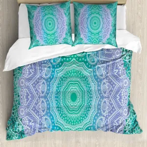 Пододеяльник ABAKUHAUS в этническом стиле с геометрическим узором Мандала, с защитой от клещей, подходит для аллергиков, с наволочками, 200 x 200 см - 80 x 80 см, фиолетово-зеленый Abakuhaus