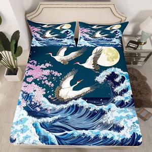 Erosebridal Комплект постельного белья Japanese с традиционным дизайном сакуры и журавлей в морской тематике, Multi 24