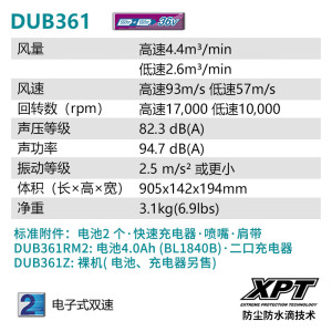 Перезаряжаемый фен Makita DUB361 с литиевой батареей сдувает листья и пыль, 36 В, 4,0 Ач, четырехмощное двухпортовое зарядное устройство