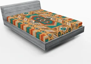 Простыня на резинке ABAKUHAUS Tribal с этническим узором Тайный ацтекский племенной узор в стиле американский богемный, 150 x 190 см, абрикосово-оранжевый и бирюзовый Abakuhaus