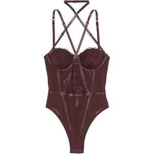 Очень Сексуальный Боди с Вышивкой Логотипом VS, Балконет, Отделка из Искусственной Кожи, Бордово-Коричневый Victoria's Secret