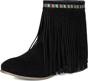 Женские ботильоны DINTAHA с бахромой, массивным низким каблуком и замшей, Black