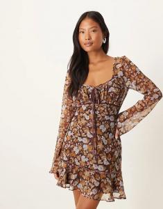 Мини-платье ASOS DESIGN Petite с длинными рукавами и сборками на груди, с коричневым цветочным принтом