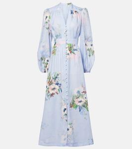 Льняное платье миди Everley Zimmermann, Light Blue Watercolour Floral