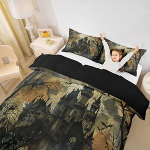 Erosebridal Комплект постельного белья Gothic Castle с готическим замком и летучими мышами в хэллоуинском стиле, Grey Black Yellow