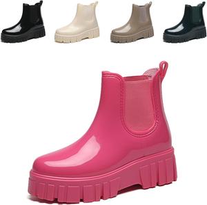Женские водонепроницаемые высокие резиновые сапоги на платформе - легкие садовые ботильоны Челси с удобной мягкой стелькой для улицы BWSEOBG, Pink