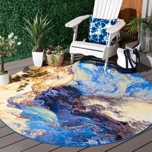 Ковер SAFAVIEH, 199 x 199 см, Barbados Collection, Blue & Rust Gold, современный абстрактный дизайн, для помещений и улицы, моющийся, идеально для патио, заднего двора, прихожей (BAR540M-7R)