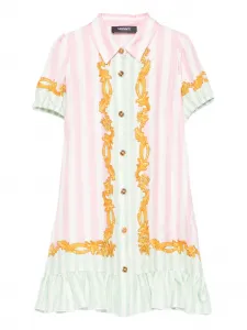 Шелковое платье в тонкую полоску с узором Barocco Versace Kids, розовый