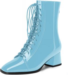 Женские ботинки WAYDERNS с квадратным носком, на шнуровке, с массивным невысоким каблуком 2 дюйма, лакированные, для походов и путешествий, с высоким голенищем, Light Blue
