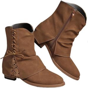 Женские ботильоны Faithgee на массивном каблуке, челси, стиль вестерн-кубита, боковая молния и шнуровка, ретро короткие ботинки для повседневной носки, концертов и мероприятий, Brown