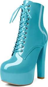 Женские ботильоны Esvowido с платформой, массивным каблуком, высоким каблуком, круглым носком, сексуальные шнуровки, короткие ботинки с боковой молнией, Turquoise