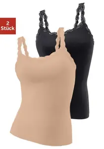 Майка LASCANA (2 шт. в упаковке, 2 шт.), из эластичного хлопка с нежным кружевом, верх на бретелях-спагетти, черный