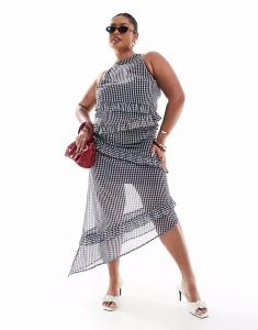 Эксклюзивная юбка миди с асимметричной отделкой воланами в серую клетку Renee Studio