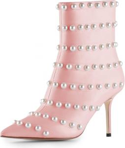 FSJ Женские модные ботильоны с заостренным носком и жемчугом, атласные элегантные туфли на шпильке с боковой молнией, высокие каблуки, короткие свадебные ботинки, размеры 4-15 US, Pink
