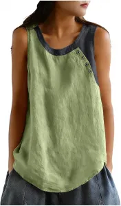Женская хлопковая льняная майка-топ летняя безрукавка с круглым вырезом Casual Color Block свободная легкая