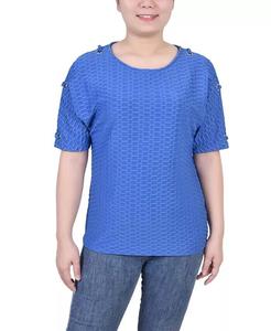 Миниатюрный топ с короткими рукавами и сотовой текстурой с люверсами NY Collection, синий