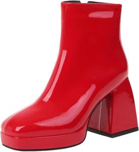 Женские модные ботильоны LYYSKY с квадратным носком на высоком толстом каблуке 9 см, короткие, с боковой молнией и платформой, размер US4-US14, Red(525-1)