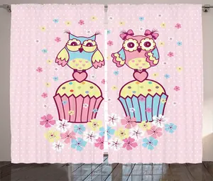Штора ABAKUHAUS "Сова в деревенском стиле", "Романтика для парных кексов", присборенная штора для спальни с петлями и крючками, 280 x 175 см, нежно-розовый, небесно-голубой Abakuhaus