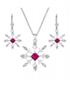 Праздничная вечеринка, Рождество, розовая роза, кулон в виде снежинки с прозрачными кубическими циркониями, серьги-подвески, ювелирный набор для женщин, застежка-крючок, серебро 925 пробы Bling Jewelry, Red