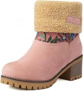 Женские теплые короткие ботинки зимние снежные с флисом, пушистые, замшевые, на массивном среднем каблуке, с круглым носком, ботильоны, массивные средние сапоги Generic, Pink