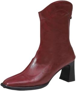 Женские модные ботильоны на толстом каблуке с квадратным носком, V-образным вырезом и молнией сзади. Подходят для повседневной носки или для осенне-зимнего сезона. SPKFHD, Red